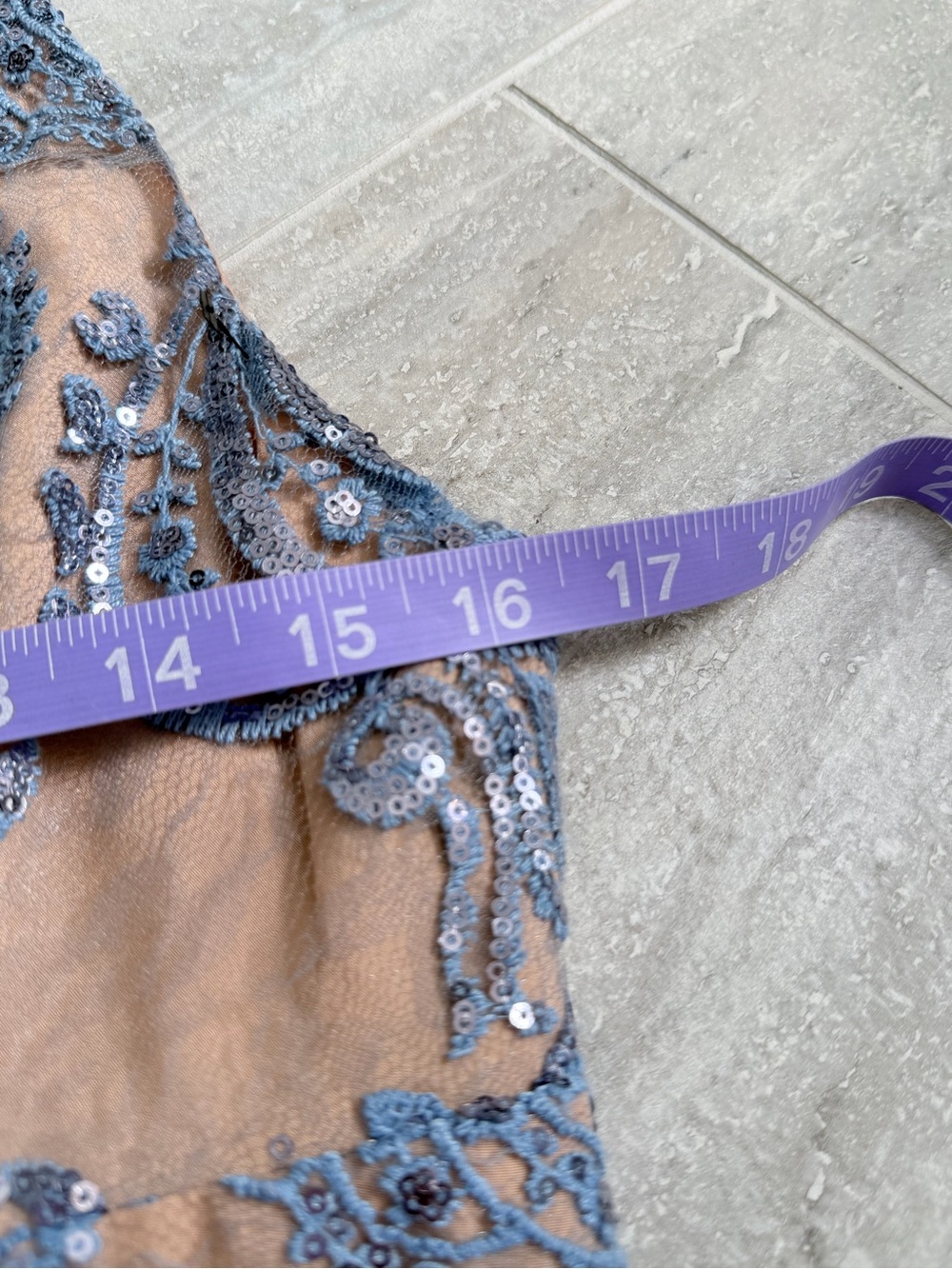 Free People Blue Sequin Lace Mesh Mini Slip Dress Nude Lined Women’s US 8 - Picture 10 of 12